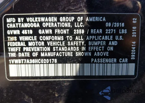 2017 Volkswagen Passat 1.8T Se z USA, uszkodzony, nr VIN 1VWBT7A36HC020178